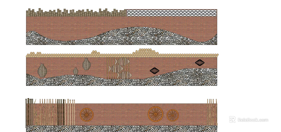 Traditional Garden Wall Design With Brick Textures And Decorative Wheel Elements 3d model