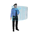 A Man in Blue Uniform and Cap Standing with Transparent Display Screen 3d model