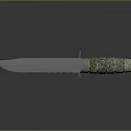 Tactical Combat Dagger With Green Textured Handle And Sharp Metal Blade On Reflective Surface