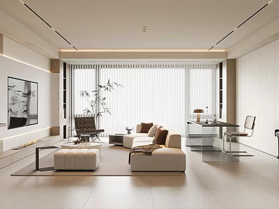 Modern Living Room with Minimalist Design Beige Sofa Coffee Table Green Plant Large Windows Blinds 3d model