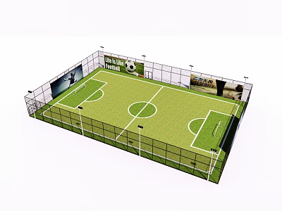 Fenced Soccer Field With Green Turf White Lines Goalposts And Advertising Boards 3d model