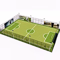 Fenced Soccer Field With Green Turf White Lines Goalposts And Advertising Boards