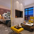 Modern Hotel Guest Room With Comfortable Bed Nightstand Table Lamp Accent Chair And Writing Desk