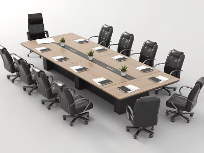 Modern Conference Table With Black Office Chairs Notebooks And Small Plants For Office Meeting Room 3d model
