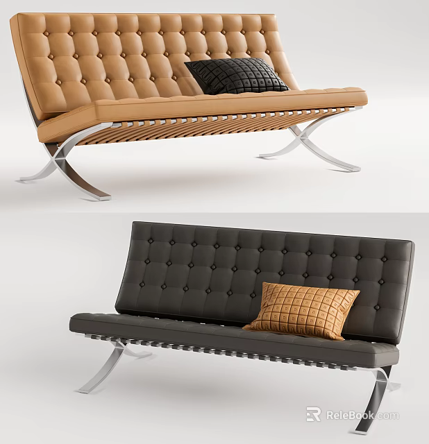 Brown and Gray Multi Person Sofa with Tufted Backrest Metal Frame and Throw Pillows 3d model