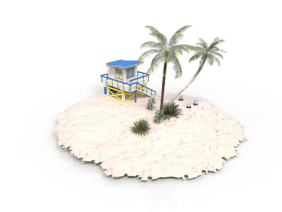 Beach Scene Setup With Lifeguard Tower Palm Trees And Small Plants 3d model