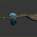 Blue Creature With Pink Tail Hanging On Curved Tree Branch With Green Leaf