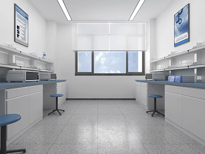 Bright Modern Laboratory With Blue Workbenches Stools And Large Window 3d model