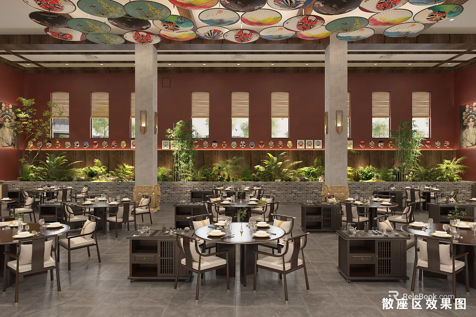 Restaurant Open Dining Area Interior With Tables Chairs Colorful Decorative Ceiling And Plants 3d model 