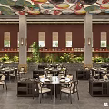 Restaurant Open Dining Area Interior With Tables Chairs Colorful Decorative Ceiling And Plants