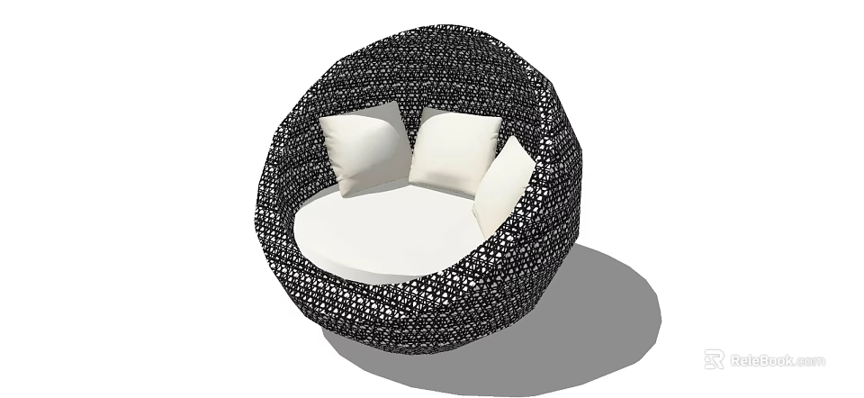 Modern Outdoor Sofa With Round Woven Rattan Design And White Cushions 3d model 