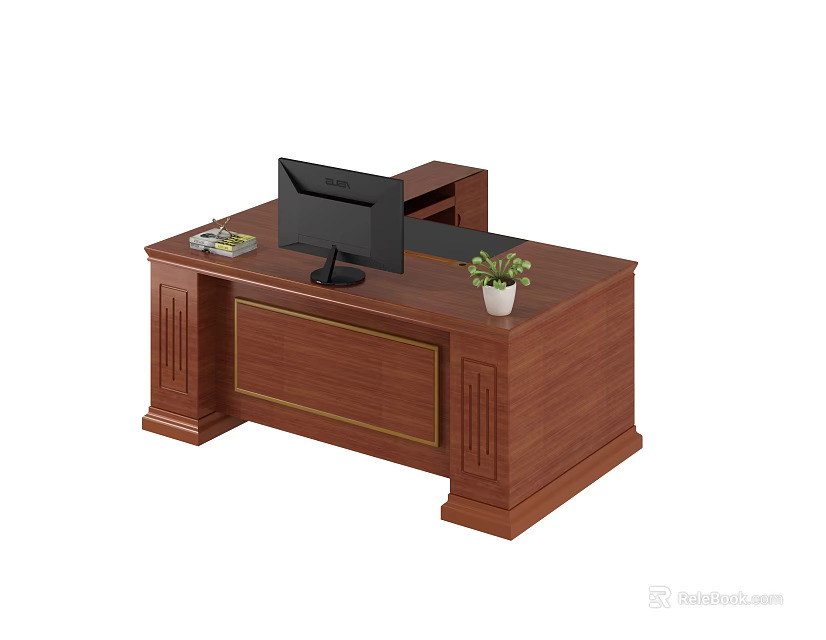 Office Wooden Desk With Computer Monitor Potted Plant And Books 3d model 