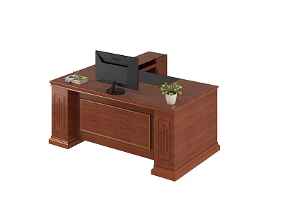 Office Wooden Desk With Computer Monitor Potted Plant And Books 3d model