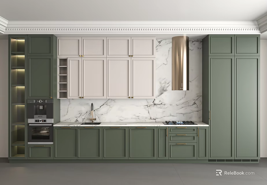 Modern Kitchen Interior Design With Green White Cabinets Marble Backsplash Range Hood And Appliances 3d model 