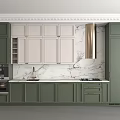 Modern Kitchen Interior Design With Green White Cabinets Marble Backsplash Range Hood And Appliances