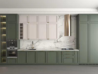 Modern Kitchen Interior Design With Green White Cabinets Marble Backsplash Range Hood And Appliances 3d model