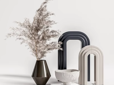 Decorative Ornament Set with Black Vase Dried Pampas Grass Arched Decor and White Textured Bowl 3d model