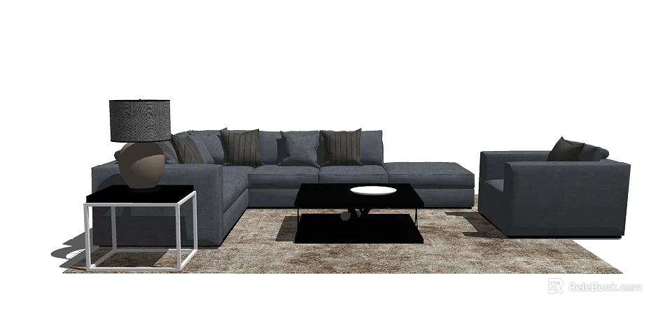 Modern Gray Sofa and Coffee Table Set with Black Table Soft Rug and Table Lamp 3d model