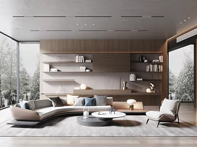 Elegant Modern Living Room Interior With Curved Sofa Round Coffee Table And Wooden Bookshelf 3d model
