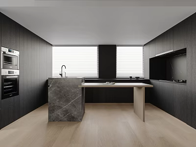 Modern Kitchen Interior Design With Dark Cabinets Marble Countertop Oven And Windows 3d model