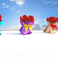 Artistic Floral Installation With Colorful Wrapped Red Flower Bouquets Against Blue Sky