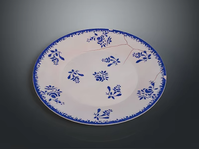 Sculpture Carving On White Plate With Blue Floral Patterns And Decorative Edge 3d model