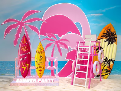 Summer Party Photo Spot With Pink Wave Palm Trees Surfboards And Lifeguard Tower 3d model