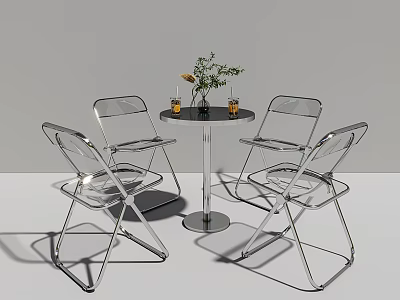 Modern Transparent Leisure Chairs With Metal Frame Around Round Table And Decorative Items 3d model