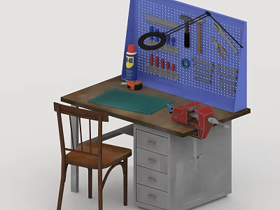 Workbench With Blue Pegboard Tools Tape Lamp Green Mat Red Vice And Wooden Chair 3d model