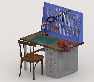Workbench With Blue Pegboard Tools Tape Lamp Green Mat Red Vice And Wooden Chair 3d model