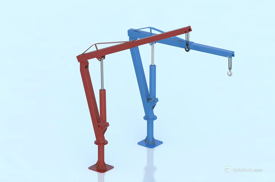 Industrial Cantilever Cranes With Red And Blue Booms And Base Structures 3d model 