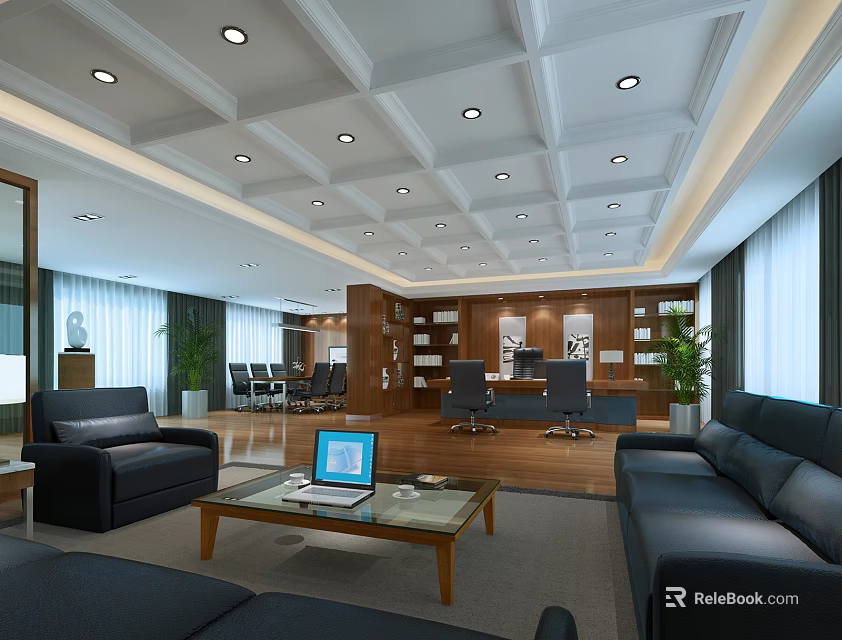 Modern Office Interior Design With Sofa Area Coffee Table Laptop Ceiling Lights And Plants 3d model