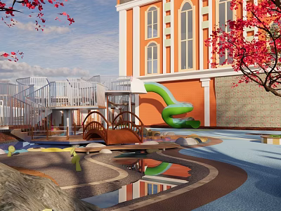 Orange White School Building With Arched Windows Playground Green Slide Pond And Red Flowering Tree 3d model