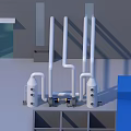 Industrial Equipment in Factory with Pipes Gray Walls and Blue Structural Components