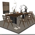 Long Natural Style Dining Table Set With Wooden Chairs Vases And Decorative Rug