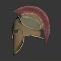 Ancient Bronze Weapon Helmet Featuring Polished Gold Surface And Red Crest Decoration