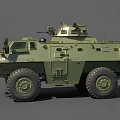 Military Green Armored Vehicle Featuring Large Tires Antenna And Observation Windows