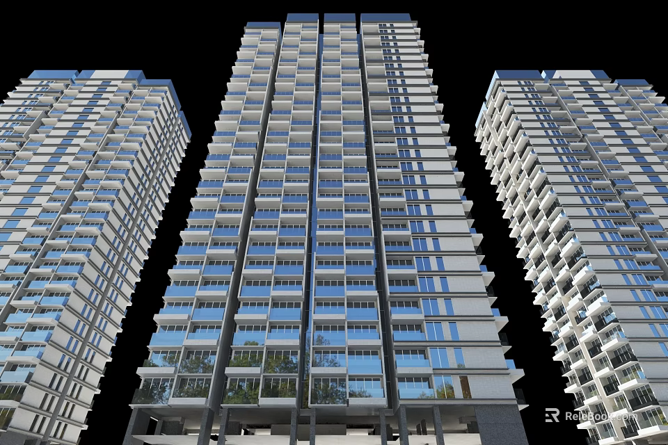 Modern High Rise Residential Building With Glass Facade Balconies And Symmetrical Design 3d model 