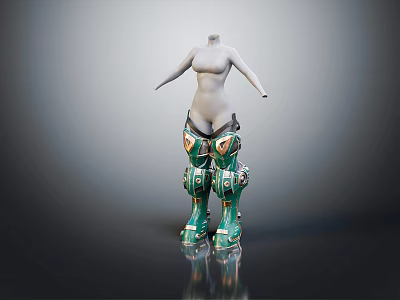 Human Mannequin Featuring Green And Gold Mechanical Legs Armor Design 3d model
