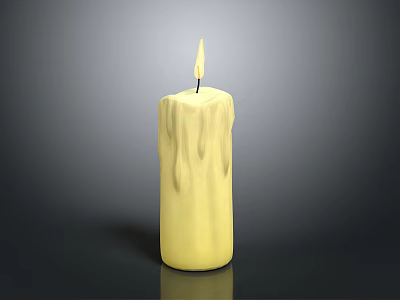 Burning Candle With Melted Wax And Flaming Wick On Dark Background 3d model