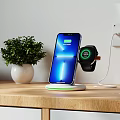 Modern Study Room With Wooden Desk Wireless Charging Smartphone Smartwatch Green Plant And Laptop