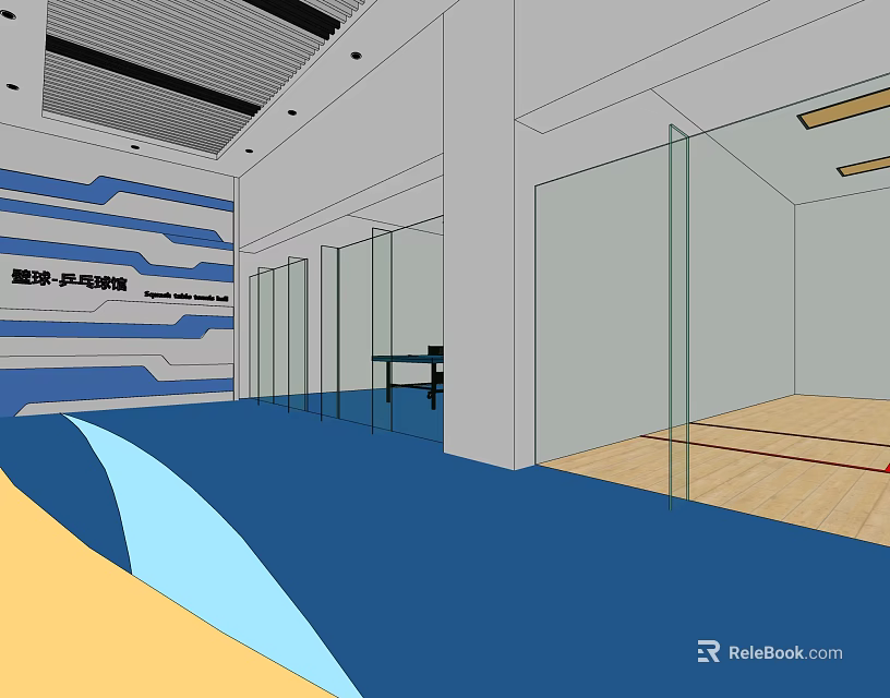 Modern Elevator Hallway With Glass Partitions And Blue White Striped Walls 3d model 