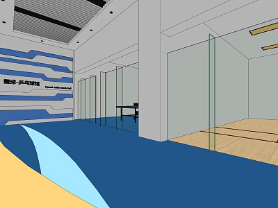 Modern Elevator Hallway With Glass Partitions And Blue White Striped Walls 3d model