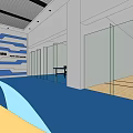 Modern Elevator Hallway With Glass Partitions And Blue White Striped Walls