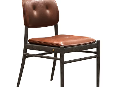 Brown Leather Dining Chair With Button Tufted Backrest And Black Frame 3d model