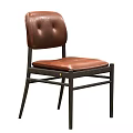 Brown Leather Dining Chair With Button Tufted Backrest And Black Frame