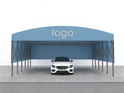 Blue Arched Carport With Logo Covering White Car On Paved Ground 3d model