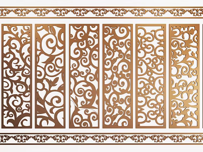 Golden Decorative Laser Cut Room Divider With Intricate Floral Scroll Patterns 3d model