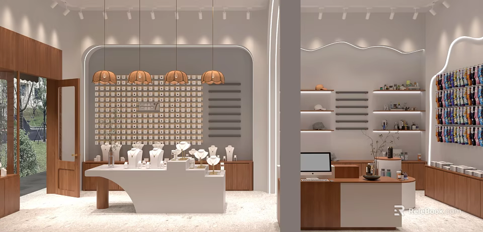 Elegant Jewelry Store Interior With Glass Display Cases And Warm Pendant Lighting 3d model 