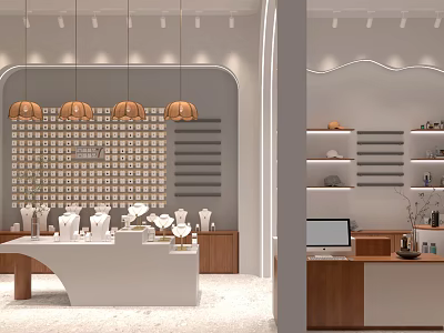 Elegant Jewelry Store Interior With Glass Display Cases And Warm Pendant Lighting 3d model